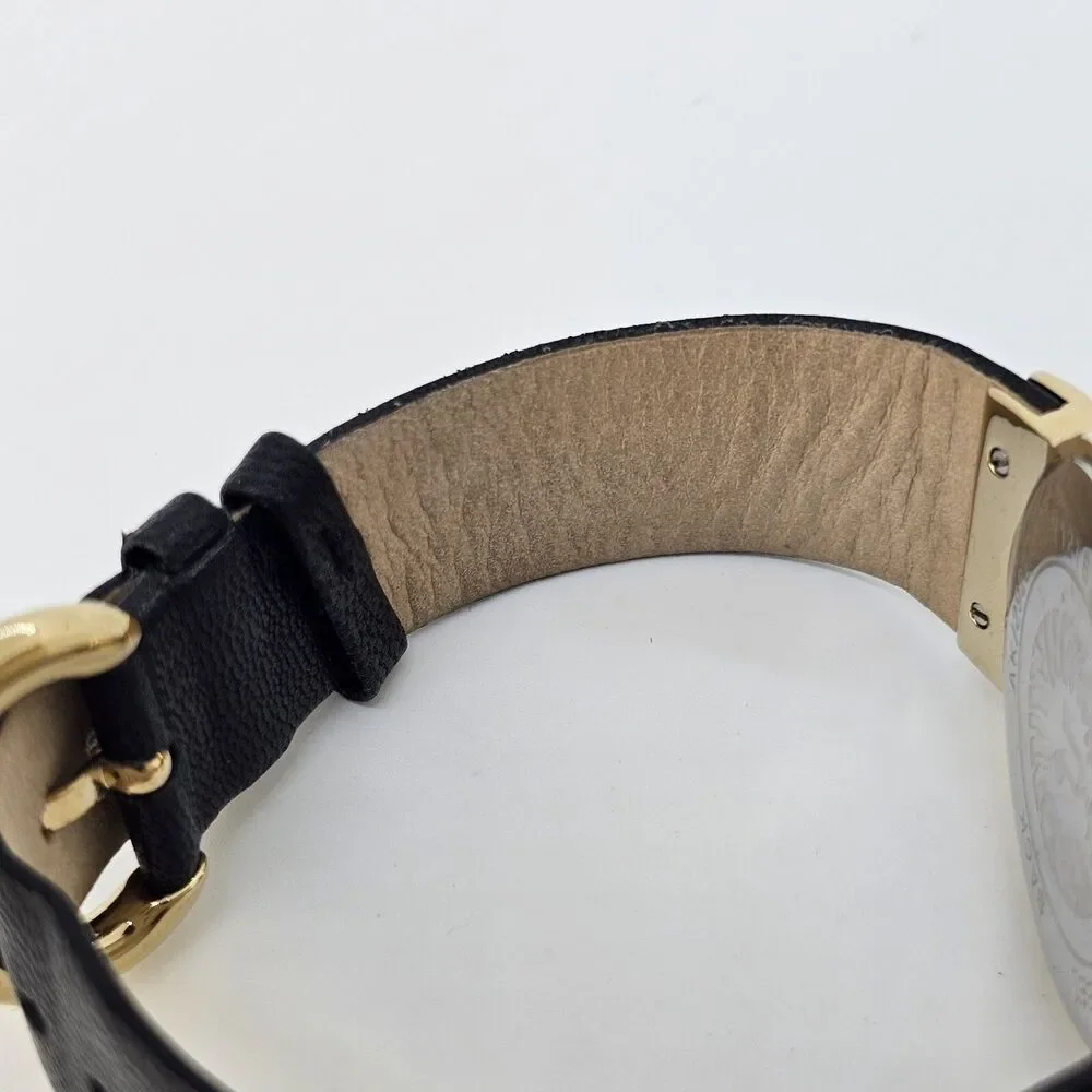 Anne Klein Women's Watch 36MM Gold Dial Black Leather Band‎ Straps New Battery